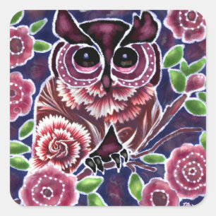 Whimsical Uil op bloeiende tak roze blauw Vierkante Sticker