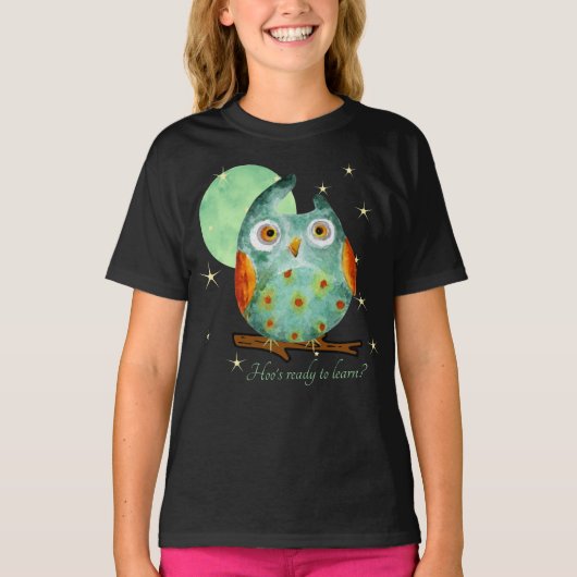 Whimsical Uil Waterverf Stijl Naam School op Terug T-shirt (Voorkant)