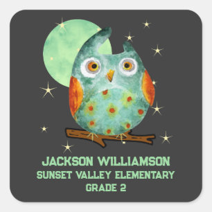 Whimsical Uil Waterverf Stijl School Naam Jaar Vierkante Sticker