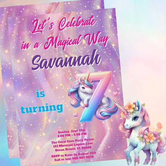 Whimsical Unicorn 7e anniversaire Invitation de la