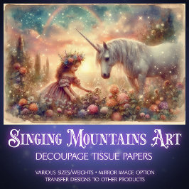 Whimsical Unicorn And Girl Fantasy Art Decoupage Tissuepapier