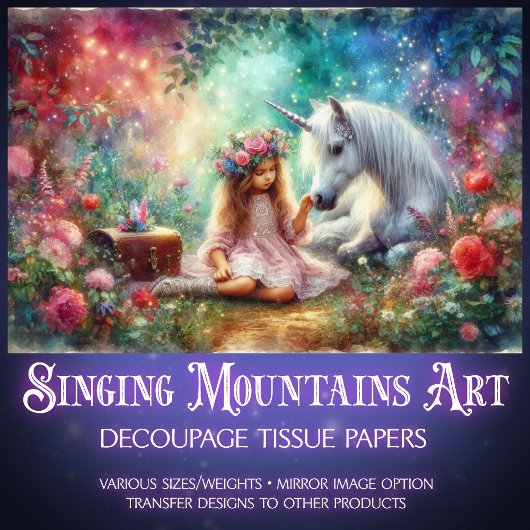 Whimsical Unicorn And Girl In Forest Decoupage Tissuepapier