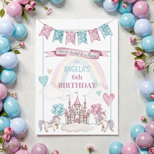 Whimsical Unicorn Castle Birthday Invitation Kaart