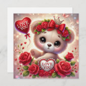 Whimsical Valentijn teddybeer met rood hart Feestdagenkaart (Voorkant / Achterkant)