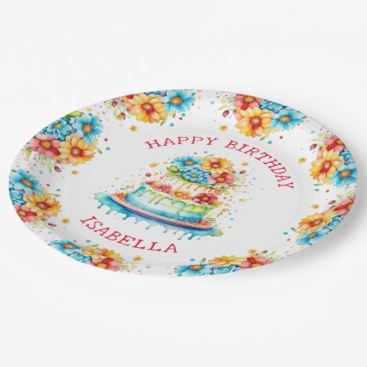 Whimsical verjaardagstaart illustratie gepersonali papieren bordje (Gekanteld)