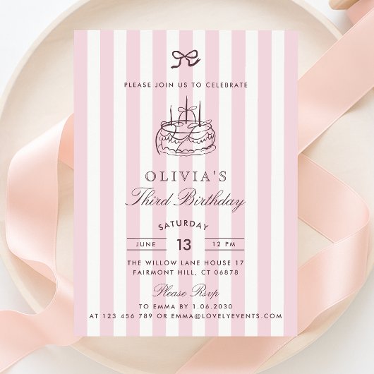 Whimsical, verjaardagstaart, Pink Bow & Stripes Kaart