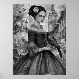 Whimsical Victoriaans Gothic Girl & Florals Londen Poster