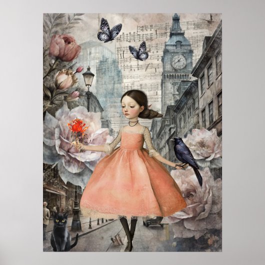 Whimsical Victoriaans Gothic Girl & Florals Londen Poster (Voorkant)