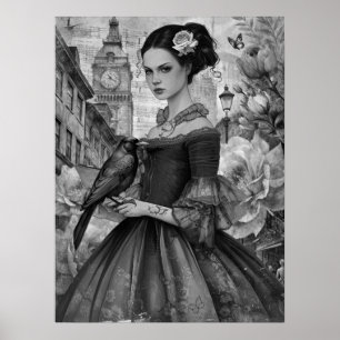 Whimsical Victoriaans Gothic Girl & Florals Londen Poster
