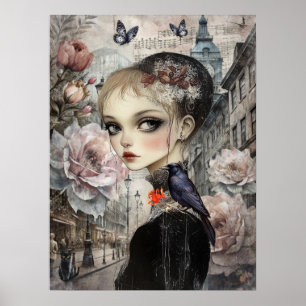 Whimsical Victoriaans Gothic Girl & Florals Londen Poster