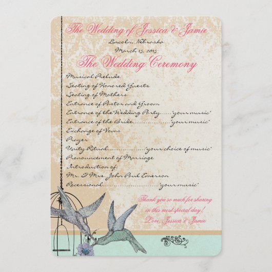 Whimsical Vintage Bird Cage Wedding Programme (Devant)