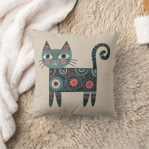 Whimsical Volkskunst Retro Boho Kat Beige Kussen