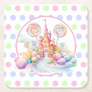 Whimsical Watercolor Pastel Candyland Verjaardag Vierkante Kartonnen Onderzetter