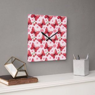 Whimsical Watercolor Vlinder en Kersen Patroon Vierkante Klok