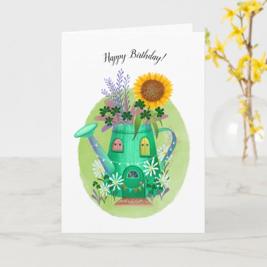 Whimsical Watering Can en Zonnebloem Verjaardag Ka Kaart (Gele Bloem)