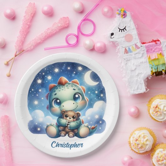 Whimsical waterverf baby dino knuffelen beer papieren bordje (Feest)