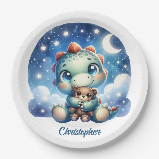 Whimsical waterverf baby dino knuffelen beer papieren bordje (Voorkant)