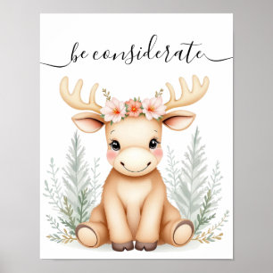 Whimsical Waterverf Baby Moose Woodland Nursery Poster