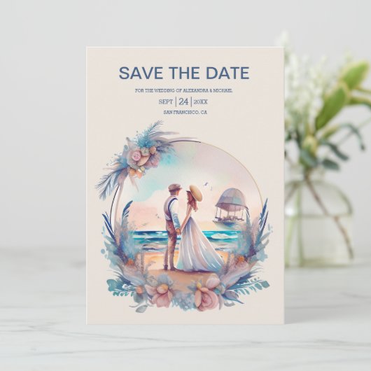 Whimsical Waterverf Beach Destination Wedding Save The Date (Staand voorkant)