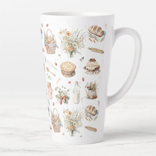 Whimsical Waterverf Bloemen Aardbei Land Latte Mok (Rechts)