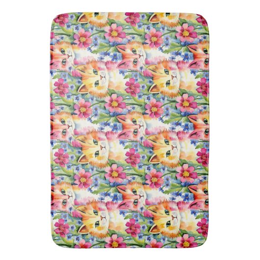 Whimsical Waterverf Bloemen en Katten Kleurrijk Badmat (Voorkant Verticaal)