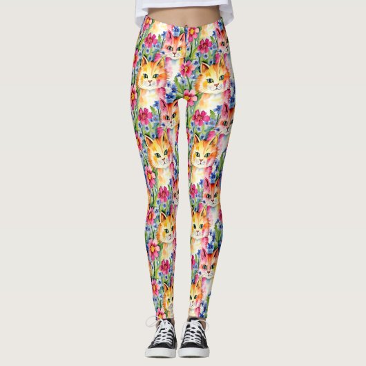 Whimsical Waterverf Bloemen en Katten Kleurrijk Leggings (Voorkant)