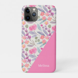 Whimsical Waterverf Bloemen Roze gepersonaliseerd iPhone 11 Pro Hoesje