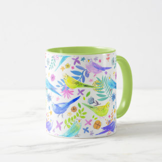 Whimsical Waterverf Budgie Parkieten Mok
