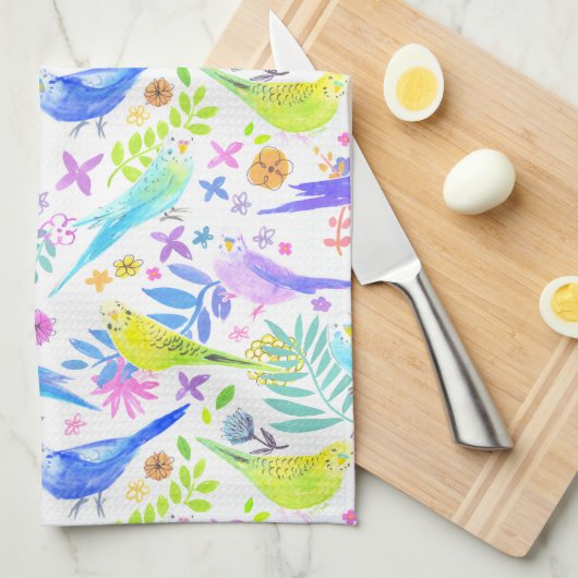 Whimsical Waterverf Budgie Parkieten Theedoek (Quarter Fold)