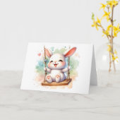 Whimsical Waterverf Bunny Rabbit op Swing Blank Kaart (Gele Bloem)