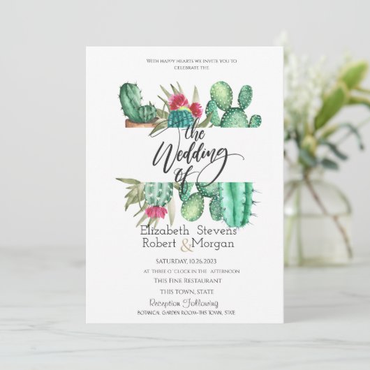 Whimsical Waterverf Cactus bruiloft uitnodiging (Staand voorkant)