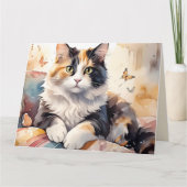 Whimsical Waterverf Calico Cat Wenskaart Kaart (Voorkant)