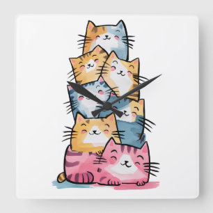 Whimsical Waterverf Cats Moderne wandklok Vierkante Klok
