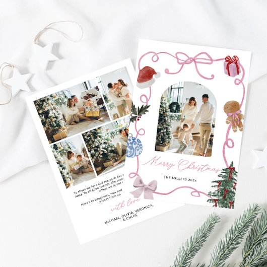 Whimsical Waterverf Familiefoto Kerst Feestdagenkaart