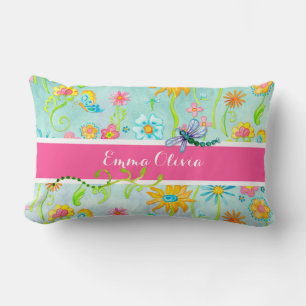 Whimsical Waterverf Flowers Dragonfly Butterfly Kussen