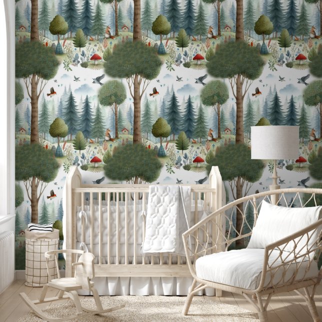 Whimsical Waterverf Forest Animal Kinder Kwekerij Behang (Kinderen)