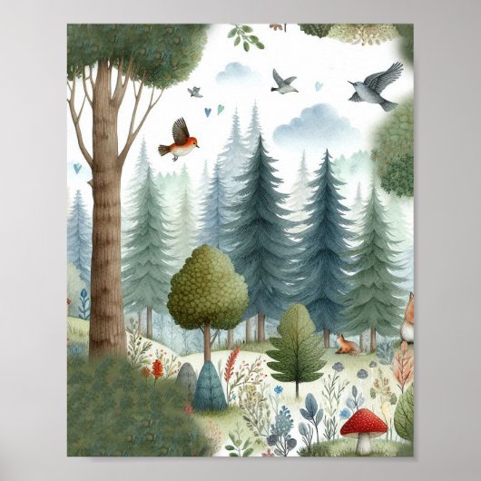 Whimsical Waterverf Forest Animal Kinder Kwekerij Poster (Voorkant)