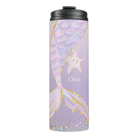 Whimsical Waterverf Glitter Zeemeermin Staart Thermosbeker (Voorkant)