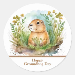 Whimsical Waterverf Happy Groundhog Day Ronde Sticker