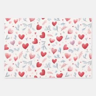 Whimsical Waterverf Hearts and Leaves Pattern Inpakpapier Vel