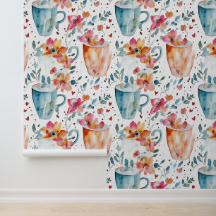 Whimsical Waterverf Koffiebekers en Bloemen Behang