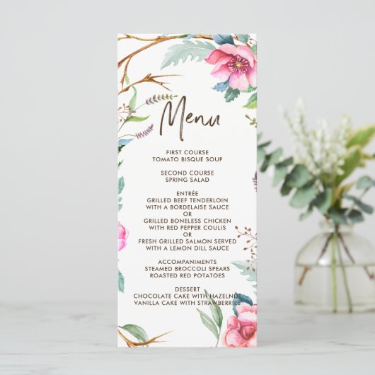 Whimsical Waterverf Krans Wedding Menu Kaart (Staand voorkant)
