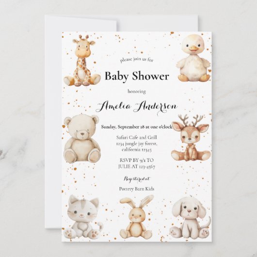 Whimsical Waterverf Pluche Animals Baby shower Kaart (Voorkant)
