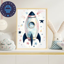 Whimsical Waterverf Rocket Ship met pastelsterren