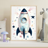 Whimsical Waterverf Rocket Ship met pastelsterren Poster