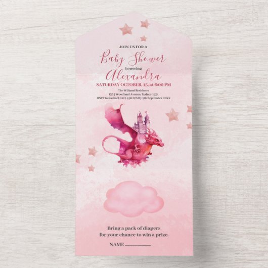 Whimsical Waterverf Roze Dragon Baby shower All In One Uitnodiging (Binnen)