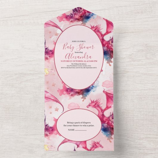 Whimsical Waterverf Roze Dragon Baby shower All In One Uitnodiging (Binnen)