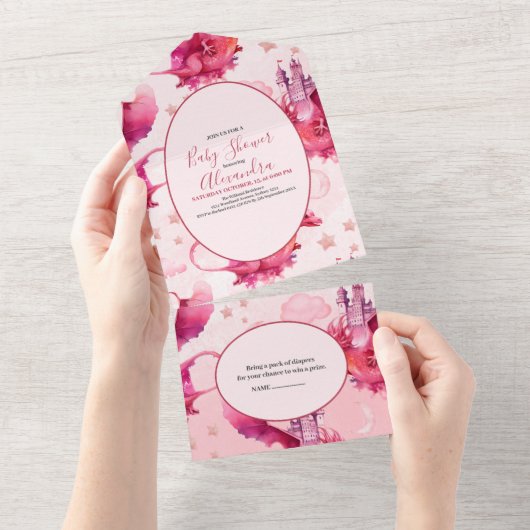 Whimsical Waterverf Roze Dragon Baby shower All In One Uitnodiging (Afscheurbaar)