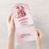 Whimsical Waterverf Roze Dragon Baby shower All In One Uitnodiging (Afscheurbaar)