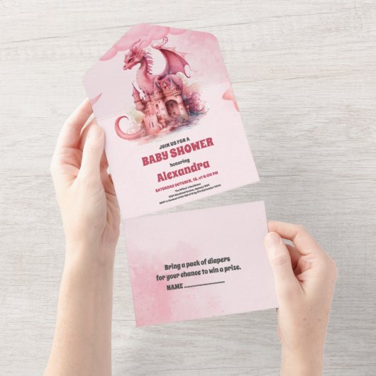 Whimsical Waterverf Roze Dragon Baby shower All In One Uitnodiging (Afscheurbaar)